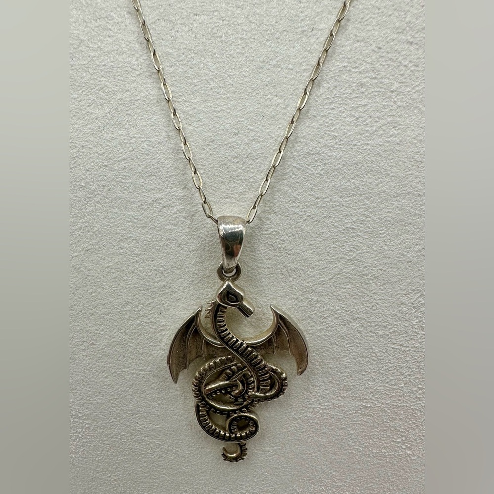 Sterling Silver 925 Flying Dragon Pendant Necklace Fantasy Amulet 20" BLJ Rolo